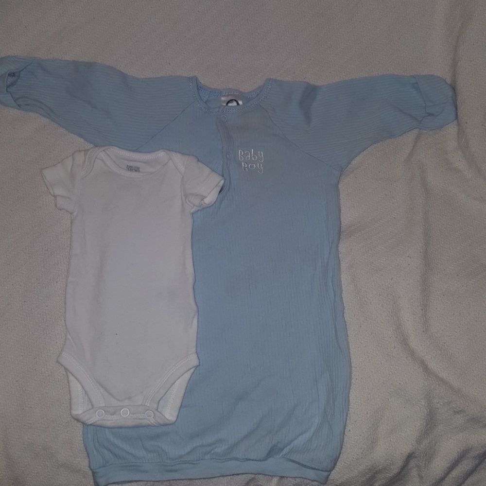 Newborn onesie and size 0-6 month boys sleep gown.